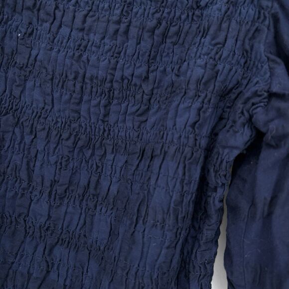 Anthropologie Maeve Smocked Top Large Navy Searsucker Windowpane Balloon Sleeve - Picture 7 of 11